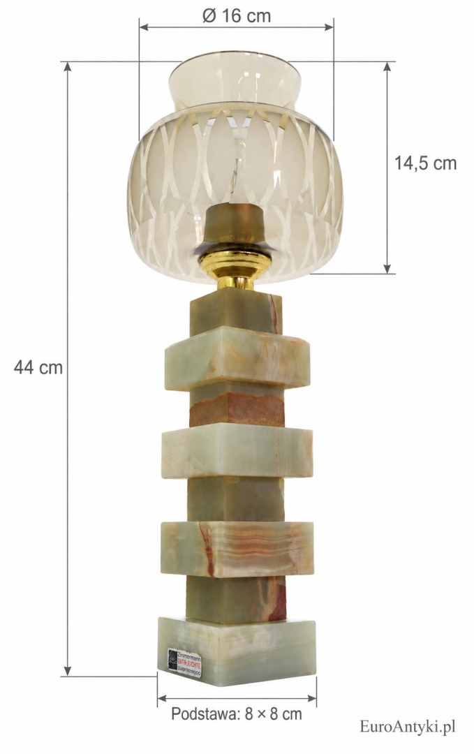 onyksowa lampa Zimmermann z oznaczonymi wymiarami lampki, klosza i podstawy